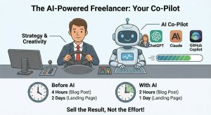 Illustration of a freelancer working beside an AI robot co-pilot representing ChatGPT, Claude, and GitHub Copilot.