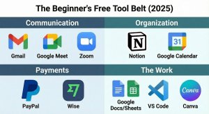 Infographic showing top free tools for freelancers including Gmail, Notion, Google Calendar, PayPal, Wise, VS Code, and Canva.