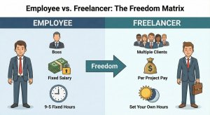Comparison chart showing differences between employees and freelancers in income, flexibility, and freedom.