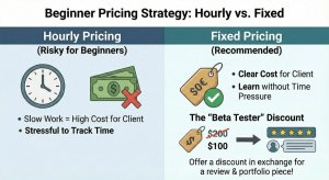 Comparison chart showing hourly pricing vs fixed pricing for freelancers, highlighting pros and cons of each model.