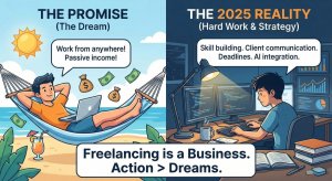 Split image comparing the dream of easy freelancing vs the real hard work, skill-building, and strategy behind it.