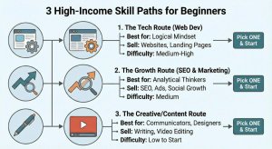 Infographic listing three freelance career routes — Tech (Web Dev), Growth (SEO), and Creative (Content/Video).
