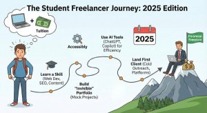 Roadmap infographic showing a student learning skills, building a portfolio, using AI tools, and reaching financial freedom.